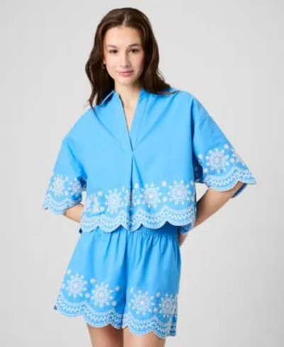 French Connection Womens Alissa Embroidered Top Cotton Shorts In Blue