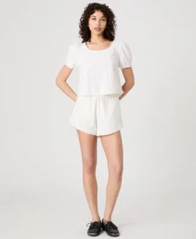French Connection Womens Eyelet Puff Sleeve Top Eyelet Ruffle Hem Shorts In White
