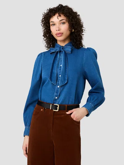 French Connection Zaves Chambray Bow Long Sleeve Top In Light Vintage Wash