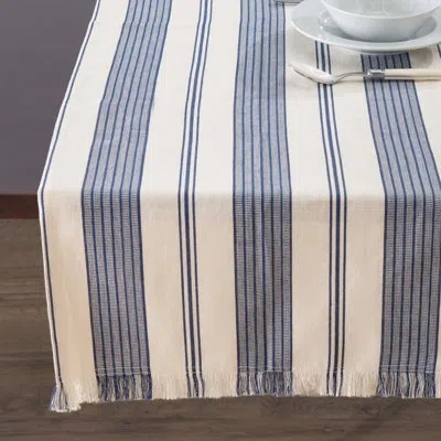 French Home 18”x 57” Blue And Cream Striped Table Runner In Blue;cream