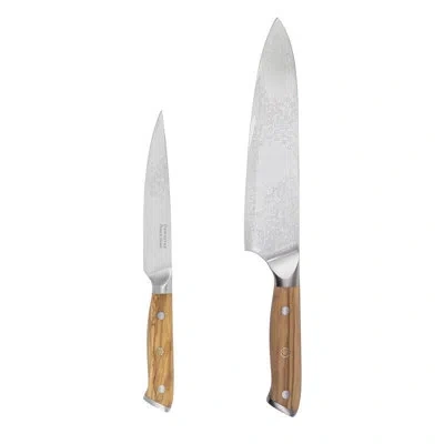 French Home 2-piece Damascus Steel Knife Set With Olive Wood Handles In Brown