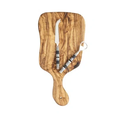 French Home Jubilee Cheese Knife, Bottle Opener And Olivewood Board Set - Shades Of Light In Brown