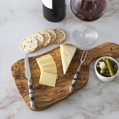 French Home Jubilee Cheese Knife, Fork, And Olivewood Board Set - Shades Of Light In Gray