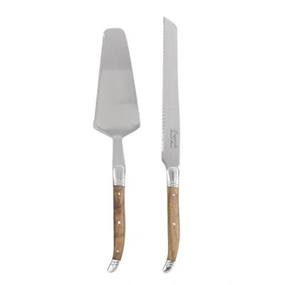 French Home Laguiole 2-piece Olive Wood Cake Knife And Pie Lifter Set In Silver