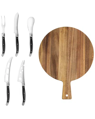 French Home Laguiole 6pc Pakkawood Artisan Cheese Knife Set & Round Wood Board In Black
