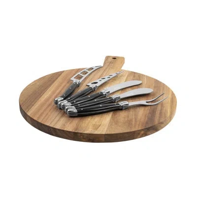 French Home Laguiole 6-piece Black Pakkawood Artisan Cheese Knife Set And Round Wood Board