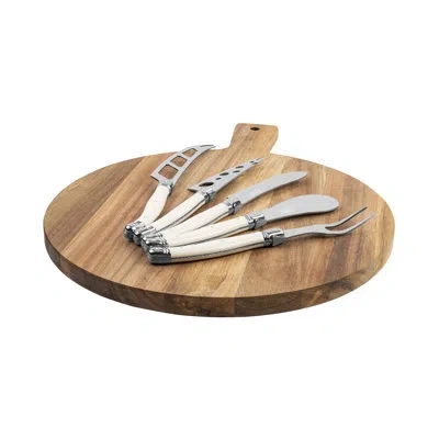 French Home Laguiole 6-piece Ivory Artisan Cheese Knife Set And Round Wood Board