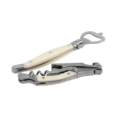 French Home Laguiole Barware Bottle Opener & Corkscrew Set With Faux Ivory Handles In Beige