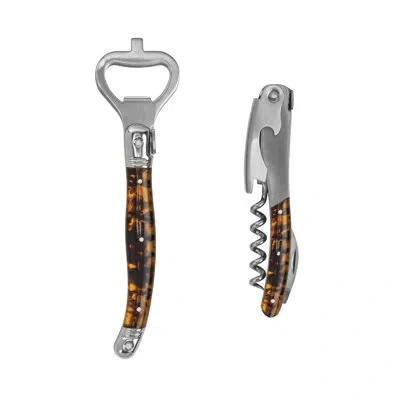French Home Laguiole Barware Bottle Opener & Corkscrew Set With Tortoise Shell Handles In Stainless Steel;copper;beige;orange;yell