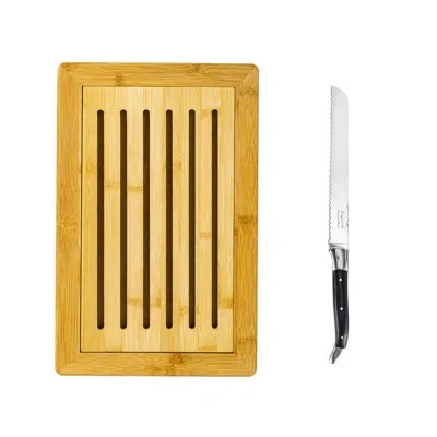 French Home Laguiole Black Pakkawood Bread Knife With Bamboo Bread Board In Yellow