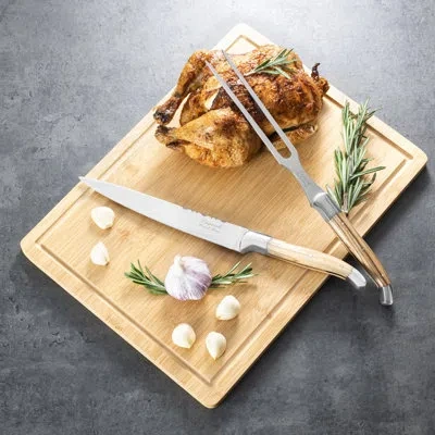 French Home Laguiole Connoisseur 2 Piece Olive Wood Carving Knife And Fork Set And Bamboo Cutting Board With Moa In Brown