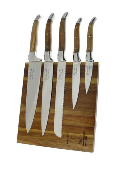 French Home Laguiole Connoisseur Olivewood 6-piece Kitchen Knife Set Plus Magnetic Display In Olivewood And Silver