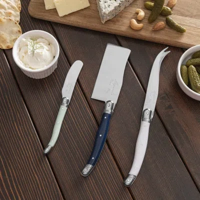 French Home Laguiole Set Of 3 Cheese Knives - Plum Rose In White,green,blue