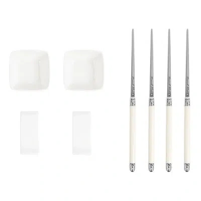 French Home Mother Of Pearl Colored Chopsticks, Ceramic Rests And Sauce Bowls, Set Of 4 Pairs In Faux Ivory
