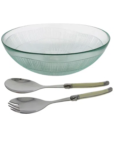 French Home Recycled Glass Birch Salad Bowl With Laguiole Servers
