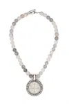 French Kande Ashen Silk Mix Swarovski Brillante Bezel, Pearl Cabs And Saint Benedict Medallion Necklace In Beige  In Sand