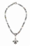 French Kande Tri-color Freshwater Pearls, Cab Bail With Pearl And Fleur Pendant In Silver Multi In Multi