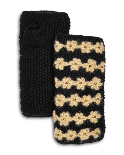 French Knot Floral Wool Fingerless Gloves In Black