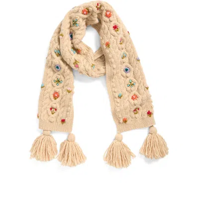 French Knot Narrow Cable Knit Scarf In Neutral
