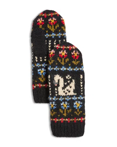 French Knot Swan Wool Mittens In Black