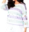 French Kyss 3/4 Stripe Sleeve Holey Crew In White/multi In Multi