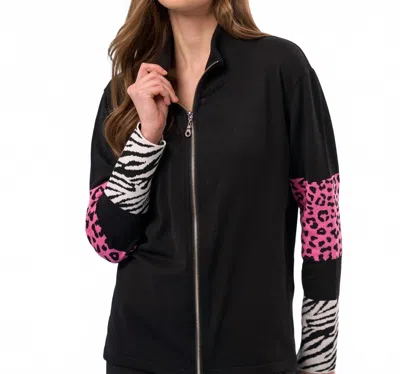 French Kyss Animal Print Sleeve Zip Up Jacket In Black/multi