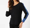 French Kyss Braided Sleeve Scoop Neck Top In Black/denim In Multi