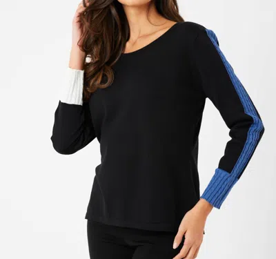 French Kyss Braided Sleeve Scoop Neck Top In Black/denim In Multi
