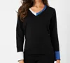 French Kyss Braided V-neck Top In Black/denim In Multi