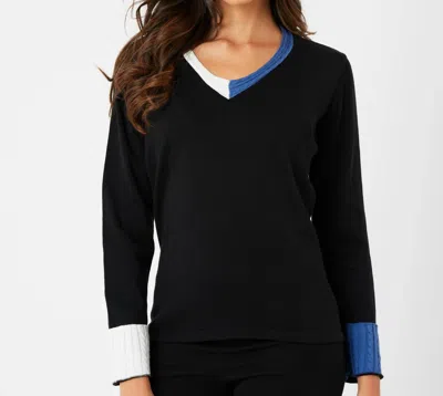 French Kyss Braided V-neck Top In Black/denim In Multi