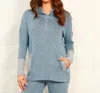 French Kyss Button Ribbed Hoodie With Pocket In Wind/tin In Blue
