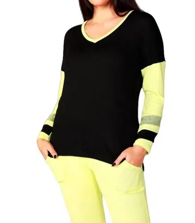 French Kyss Color Block V-neck With Stripe In Black/lime In Multi