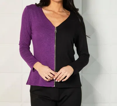 French Kyss Color Block V-neck Zip Cardigan In Black/violet In Purple