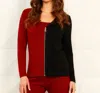 FRENCH KYSS COLOR BLOCK V-NECK ZIP CARDIGAN IN BLACK/WINE