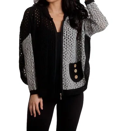 French Kyss Crochet Button Hoodie Poncho In Black/white In Multi