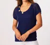 French Kyss Crochet Scoop Short Sleeve Top In Navy In Blue