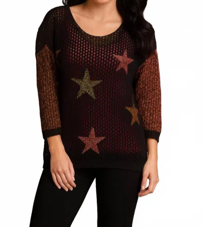 French Kyss Crochet Star Crew Long Sleeve Top In Black Multi