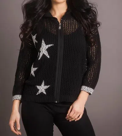 French Kyss Crochet Star Crew Zip Up Hoodie In Black Frost In Multi