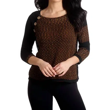 French Kyss Crochet Three Quarter Sleeve Top In Black Mocha In Brown