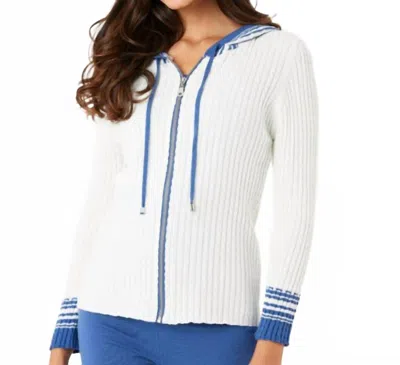 French Kyss Denim Braided V Neck Hoodie In Ivory & Blue In Multi