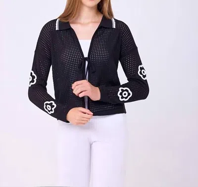 French Kyss Flower Collared Tie Cardigan In Black/white In Blue