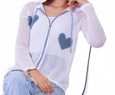 French Kyss Heart Crochet Hoodie In White/denim In Multi