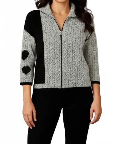 French Kyss Heart Sleeve Crochet Zip Cardigan In Frost Black In Gray