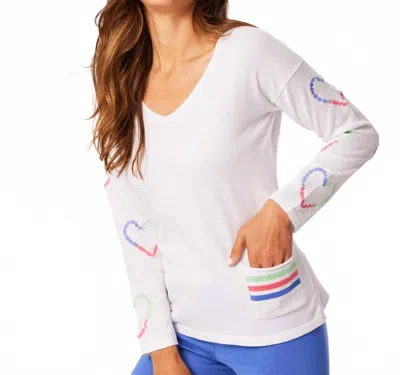 French Kyss Heart Sleeve V Neck Top In White/multi