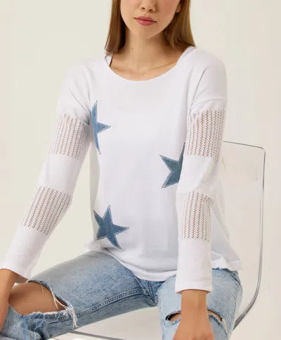 French Kyss Long Sleeve Star Top In White/denim In Multi