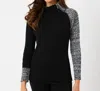 French Kyss Long Sleeve Zip Neck Top In Black/ivory In Multi