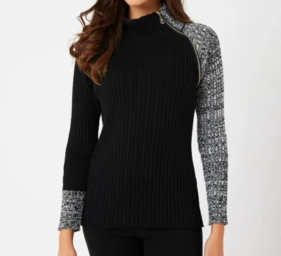 French Kyss Long Sleeve Zip Neck Top In Black/ivory In Multi