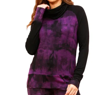 French Kyss Marble Wash Color Block Turtleneck Top In Grape In Purple