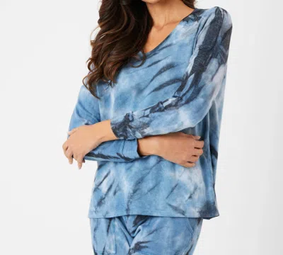 French Kyss Marble Wash Long Sleeve V-neck Top In Denim In Multi