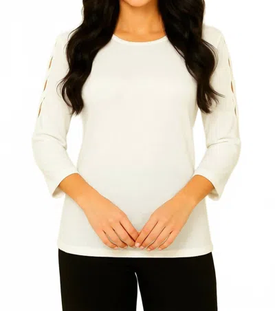 French Kyss Soft Stretch Sleeve Lattice Crew Neck Top In Bleach In White